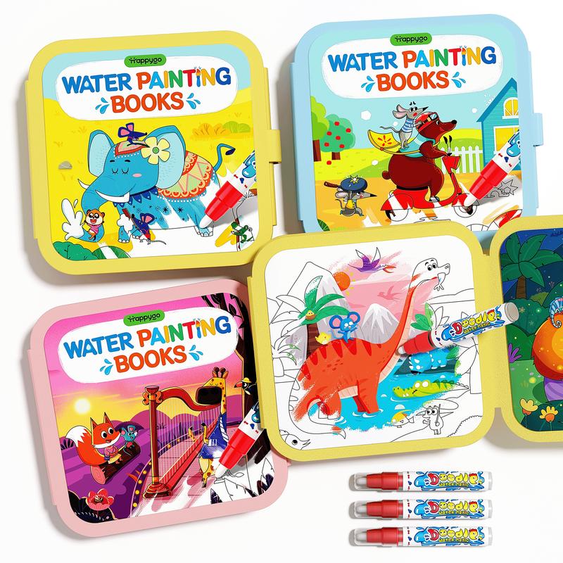 Magic Water Coloring Books — Mess-Free Painting Set (4 Books + 4 Pens)