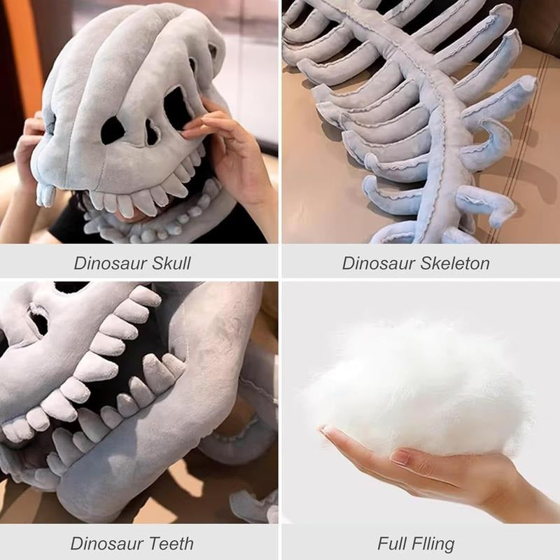 Details: plush dinosaur skull, sculpted skeleton spine, teeth and full soft filling