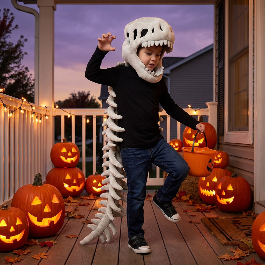 Halloween-ready: kid in the plush dino skeleton set on the porch