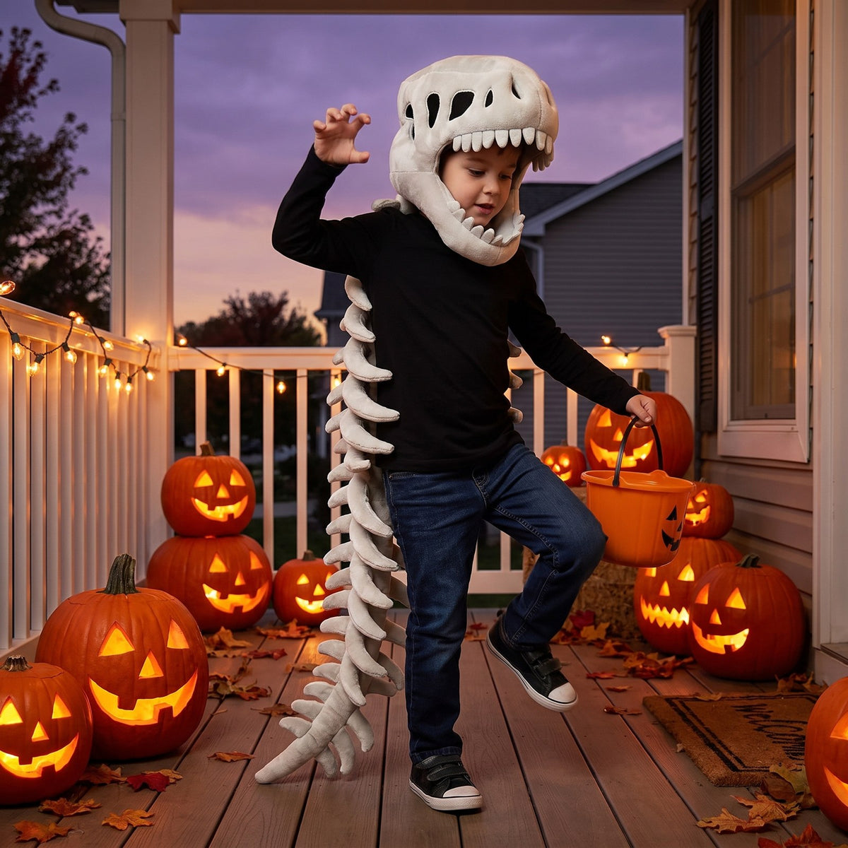 Halloween-ready: kid in the plush dino skeleton set on the porch