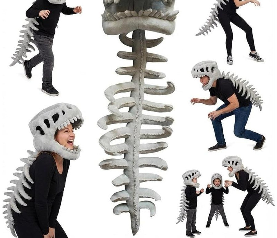 Kids and adults wearing the 3D dinosaur skeleton cape and skull hood