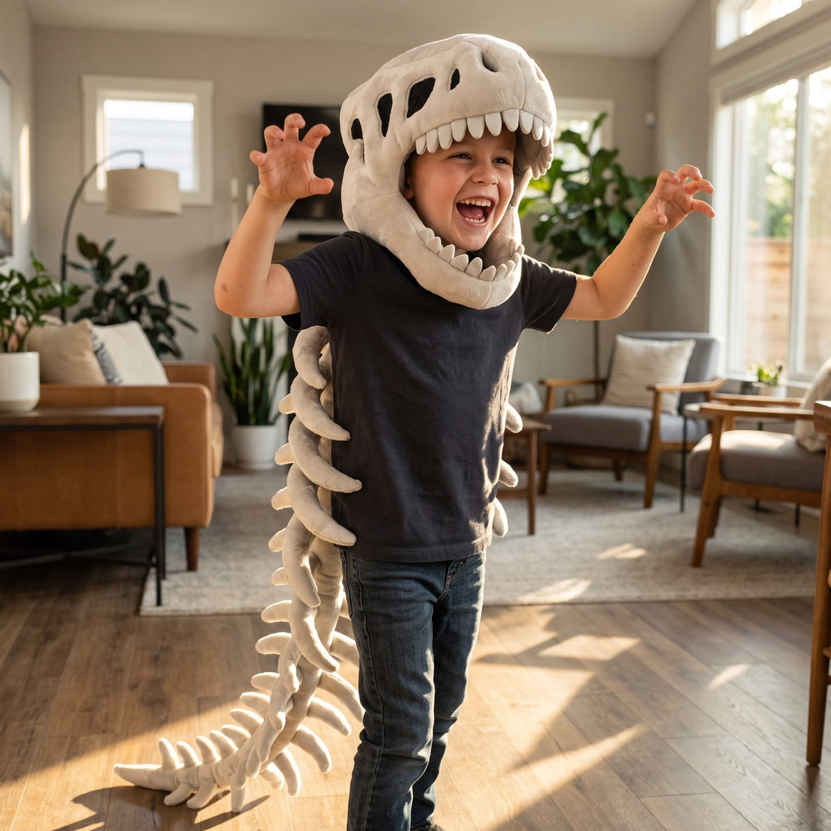 Kid roaring in the dino skeleton cape and skull hood over everyday clothes