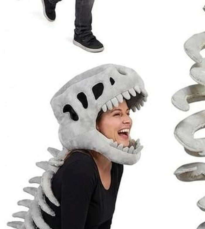 Close-up of the plush T-rex skull hood