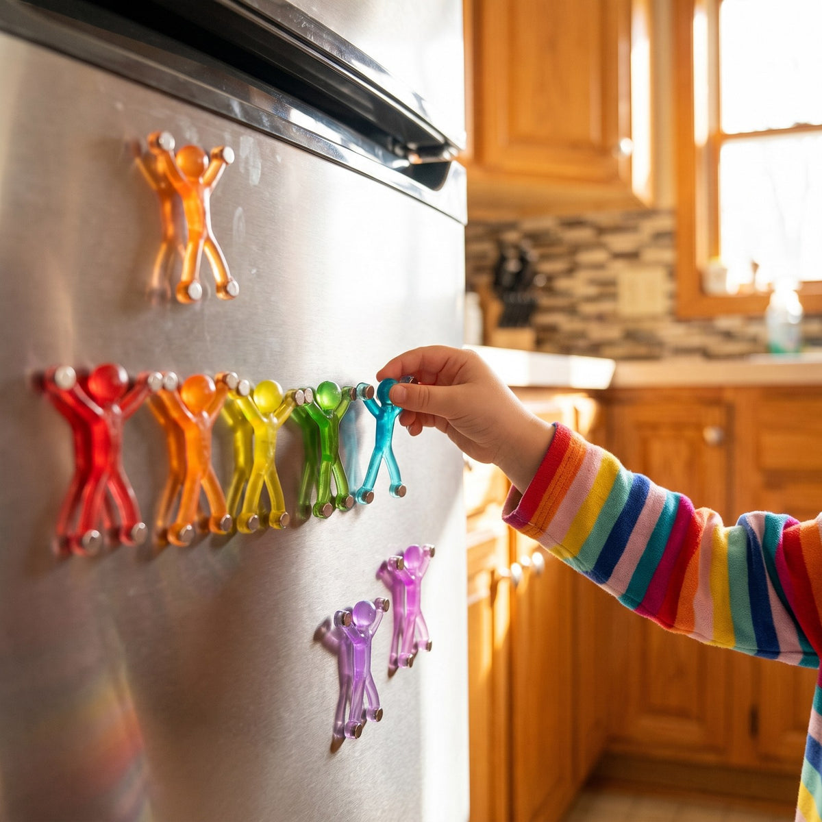 Child sticking translucent magnetic men on the fridge