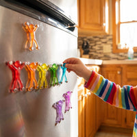 Child sticking translucent magnetic men on the fridge