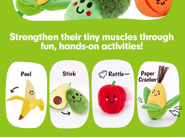 Peel the banana, stick the avocado, rattle the apple, crinkle the corn