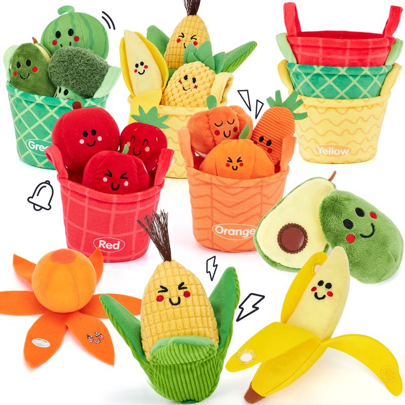 16-piece plush fruits and veggies play set with four color sorting baskets
