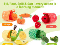 Sorting plush fruits into color-matched baskets — orange, red, yellow, green